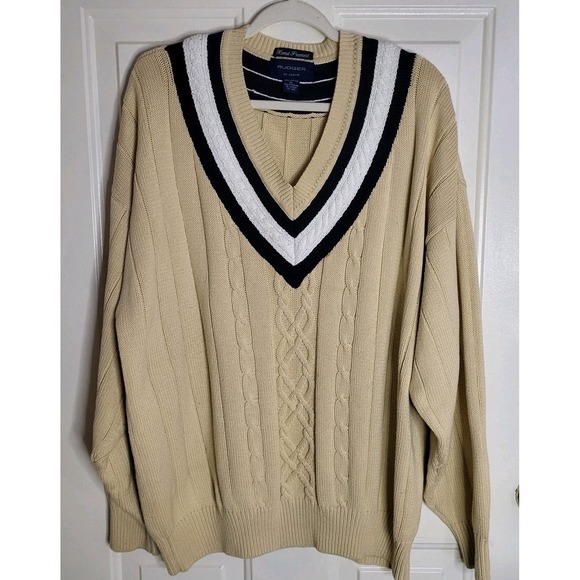 Gant Other - Vtg Gant Rugger Sweater Men XL Tan Navy Pullover V Neck Cable 100% Cotton Preppy